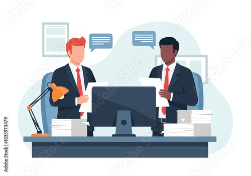 Vector art of two businessmen in suits discussing documents at a desk with a computer and stacks of paperwork in a modern office setting, symbolizing collaboration and business operations