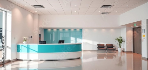 Clean, modern hospital reception desk in bright waiting area, doctor, sterile