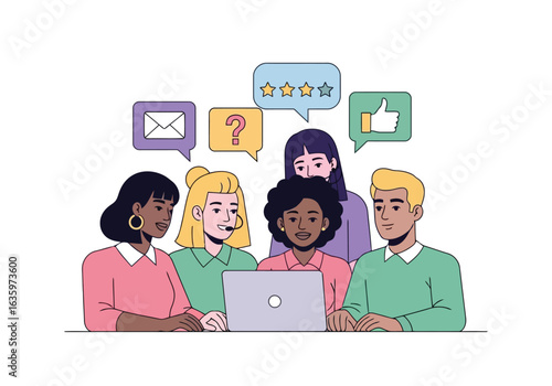 Vector art of a diverse group of people gathered around a laptop, actively engaged in a collaborative discussion, with icons representing feedback, customer service, and communication