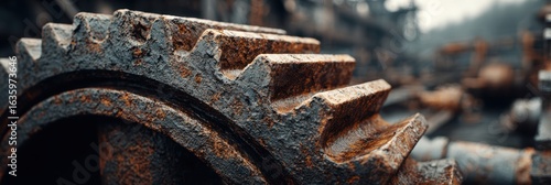 Rusty gear wheel detailed view in an abandoned industrial site during overcast weather