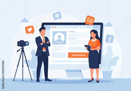 Vector art of marketing professionals discussing social media strategy with a large computer screen displaying online content, a camera on a tripod, and icons representing various social platforms