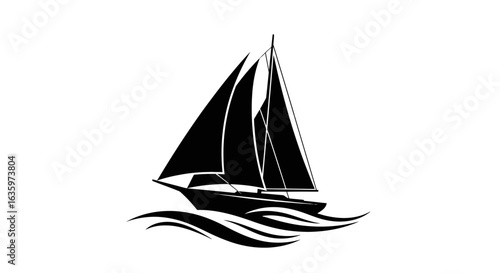 Modern sailboat with full sails rendered in a clean white outline style on stylized waves.
