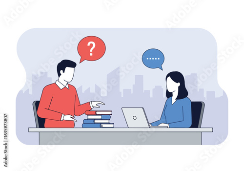 Vector art of business partners in a meeting, exchanging ideas and information with a laptop and stack of books, representing teamwork and learning in a professional setting