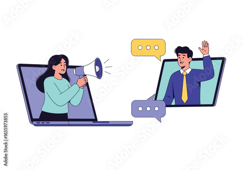 Vector art of two colleagues communicating through laptops, one using a megaphone to convey a message, symbolizing effective online communication and digital collaboration in business