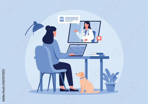 Vector art of woman consulting with a doctor online via video call on her laptop at home with her dog nearby, representing telemedicine and remote healthcare services
