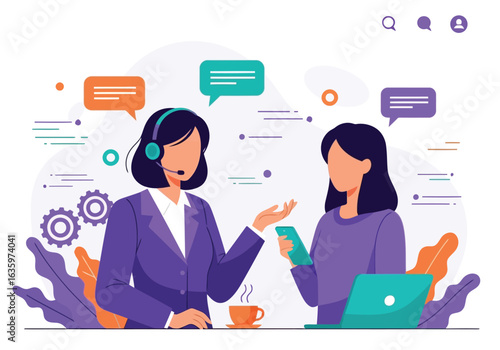 Vector art of two customer service professionals interacting, one with a headset and the other holding a phone, discussing client needs with laptops and coffee, representing collaborative support