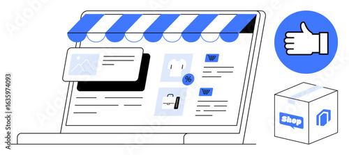Digital storefront on a laptop with product cards, cart, discount tag, thumbs up icon, and delivery box. Ideal for e-commerce, online shopping, retail, business marketing delivery simple landing