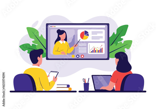 Vector art of online learning concept with students attending a virtual presentation on a large screen, featuring data analysis charts and graphs, isolated on white background