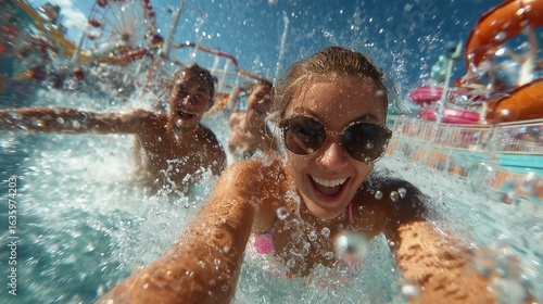 Excited family enjoying water park with high-speed splash capture, vibrant colors, ideal for summer promotion or family activities