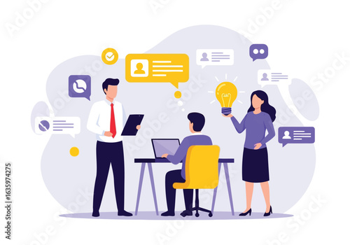 Vector art of business team collaborating on an idea, with one person holding a lightbulb and others working on a laptop and discussing