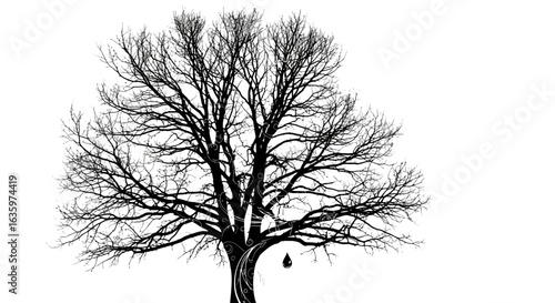 Artistic black silhouette of a weeping leafless tree with ornate swirls and a single falling droplet.