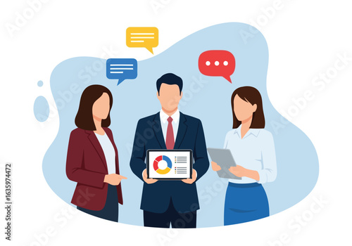 Vector art of a team of three professionals in a meeting, discussing data and charts presented on a tablet, with speech bubbles indicating communication and collaboration