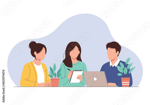 Vector art of three people in a business meeting, collaborating and discussing ideas with a laptop and plants on a table, representing teamwork and professional communication in an office setting