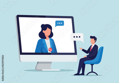 Vector art of business meeting via video conference call with chat bubbles, man and woman communicating online through computer screen, remote work and digital communication concept