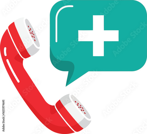 Vector illustration flat vector art of red telephone receiver with a green speech bubble and a white plus sign
