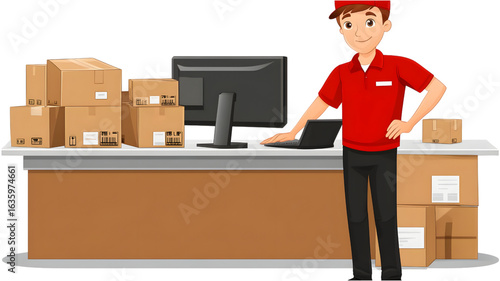 Delivery action at package handling counter office environment cartoon style