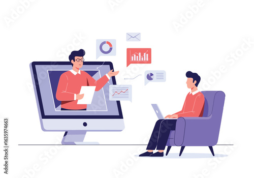 Vector art of online business learning and education through video conference, man presenting information on computer screen to woman with laptop, digital communication and remote work concept