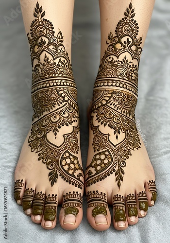 Symmetrical henna tattoo design on feet