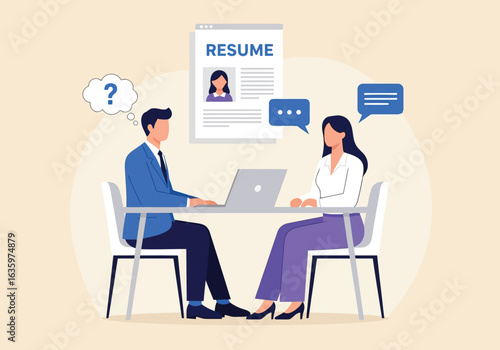 Vector art of job interview scene with a candidate and employer discussing career opportunities, with a resume and laptop on the table