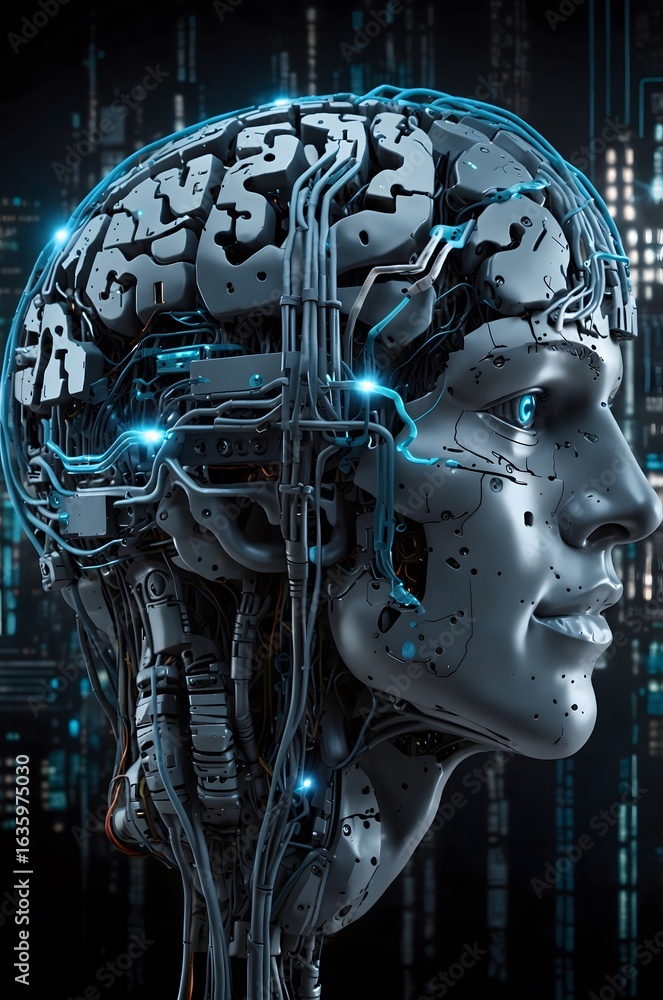 Fototapeta premium Cyborg head with illuminated neural network