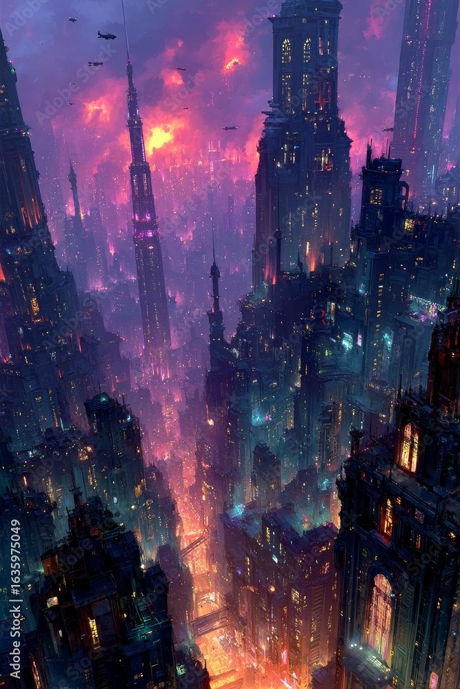Obraz premium A breathtaking cyberpunk cityscape at night with towering skyscrapers illuminated by neon lights and a futuristic flying vehicle under a full moon