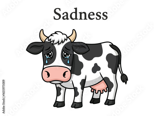 Sad Cow: A cartoon illustration portrays a cow experiencing profound sadness, with tears streaming down its face, conveying a sense of empathy and sorrow.