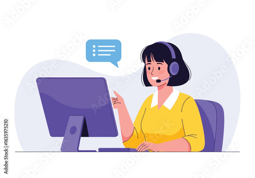 Vector art of a female customer service operator wearing a headset is working on a computer at her desk, ready to assist clients with their inquiries