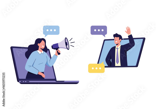 Vector art of business people communicating online through laptops with speech bubbles, representing virtual meetings and digital collaboration
