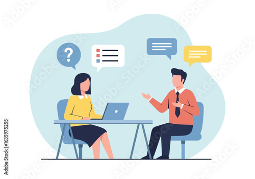 Vector art of business meeting with two people discussing ideas around a table with laptops, featuring chat bubbles and question marks, symbolizing collaboration and problemsolving