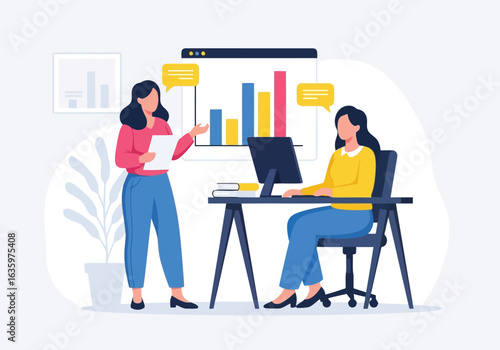 Vector art of business meeting and data analysis presentation, with team members collaborating and discussing charts and reports for project success and growth