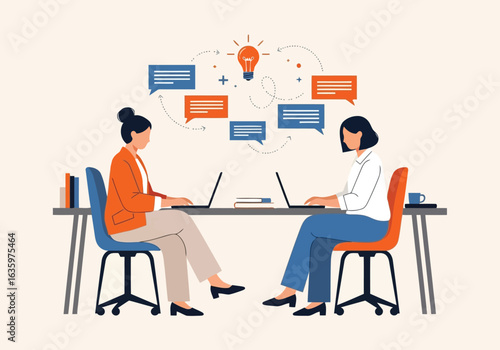 Vector art of two women collaborating on a project at laptops, discussing ideas and sharing information in a modern office setting, symbolizing teamwork and innovation