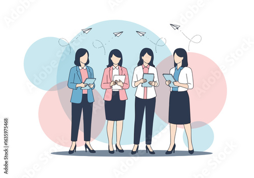 Vector art of a group of four professional women standing together, holding tablets and documents, representing teamwork, business, and shared knowledge in a corporate environment