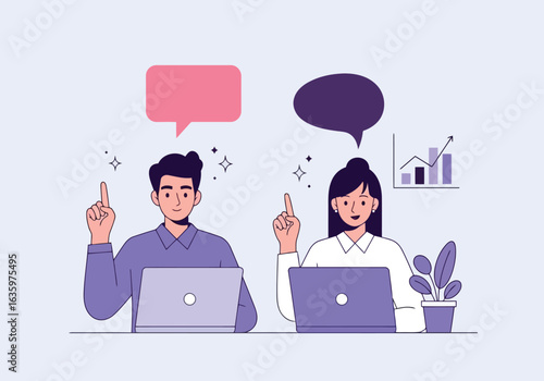 Vector art of two colleagues, a man and a woman, sitting at desks with laptops, pointing upwards with ideas and speech bubbles above their heads, with a business growth chart in the background