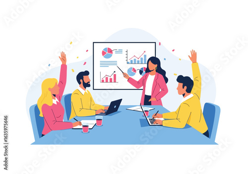 Vector art of business team in a meeting, with a presenter pointing at a chart on a screen, and participants raising their hands to ask questions or participate in the discussion