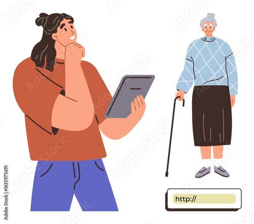 Woman holding tablet thoughtfully, elderly woman with a cane, and a URL bar symbolizing online accessibility. Ideal for senior care, technology, online assistance, intergenerational connection