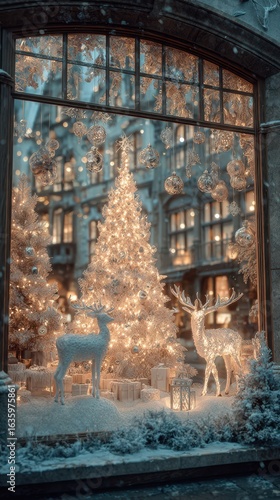 Winter wonderland decorations with glowing Christmas trees and reindeer in a shop window at night