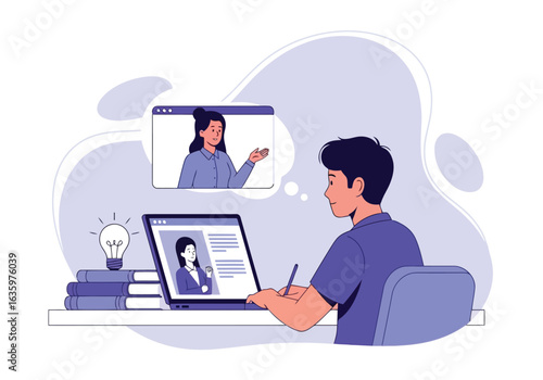 Vector art of young man studying online with a laptop, watching a video lesson, with books and a lightbulb symbolizing an idea, representing remote education and knowledge acquisition
