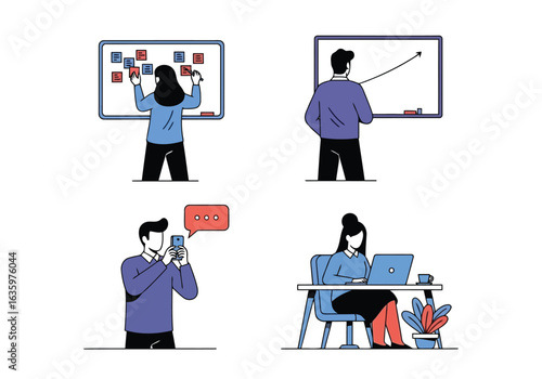 Vector art of business team working on projects with planning, analysis, and communication elements, including whiteboard sessions and digital tools