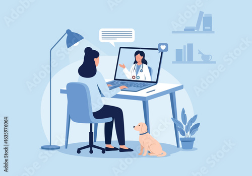 Vector art of woman having an online medical consultation with a doctor via video call on a laptop, with a dog nearby, symbolizing telemedicine and remote healthcare services