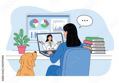 Vector art of woman in a remote business meeting analyzing data charts on a laptop, discussing progress with a colleague, with a dog and plant in the background