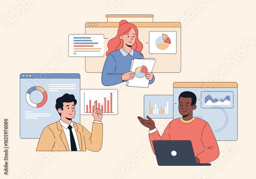 Vector art of diverse business team collaborating on data analysis and strategy planning with charts and reports, showcasing teamwork and professional communication in a modern office setting