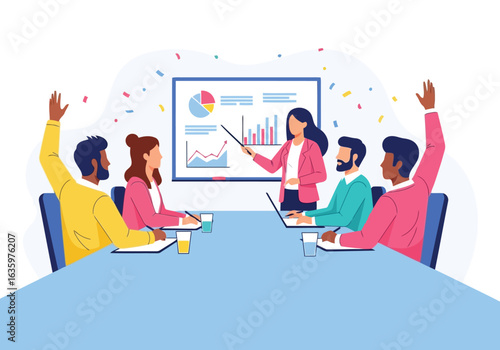Vector art of business people raising hands in a meeting while a woman presents a financial chart on a screen, symbolizing teamwork and successful strategy