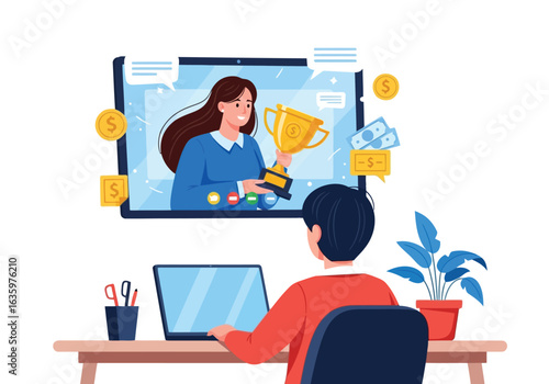 Vector art of student receiving an online award or trophy from a woman on a laptop screen, representing virtual learning success and achievement in education