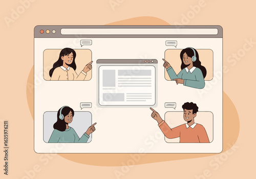 Vector art of diverse team collaborating online through a web browser interface, with individuals pointing at a central screen, signifying virtual teamwork and communication