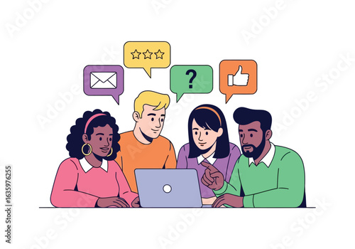 Vector art of diverse group of four people collaborating around a laptop, with speech bubbles indicating feedback, questions, and ratings, symbolizing teamwork and communication in a modern setting