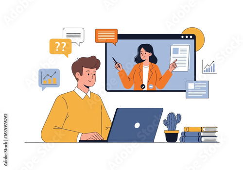 Vector art of man using laptop for online learning with woman on screen, representing remote education, business communication, and knowledge sharing, isolated on white background