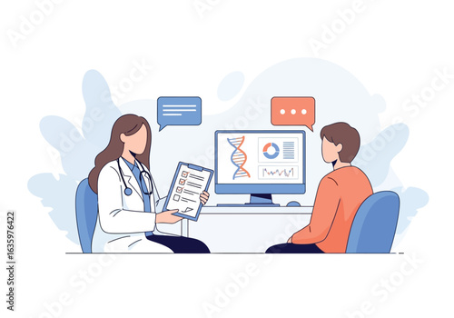 Vector art of doctor discussing medical information and patient data on a computer screen with a patient, symbolizing healthcare consultation and analysis
