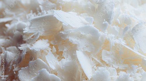 Elegant photo of close up of white soy wax flakes for candle making. Light texture of soy wax flakes. Ingredient for homemade candles. Ecological lifestyle.