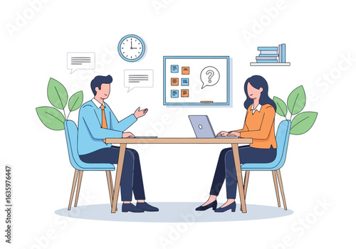 Vector art of business meeting between a man and a woman in an office, discussing work with a laptop and whiteboard, isolated on white background