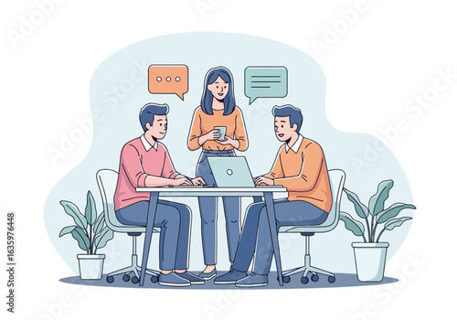 Vector art of team meeting in an office with people collaborating around a table with a laptop and speech bubbles, isolated on white background